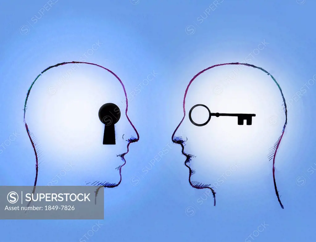 Key and keyhole inside of men's heads face to face