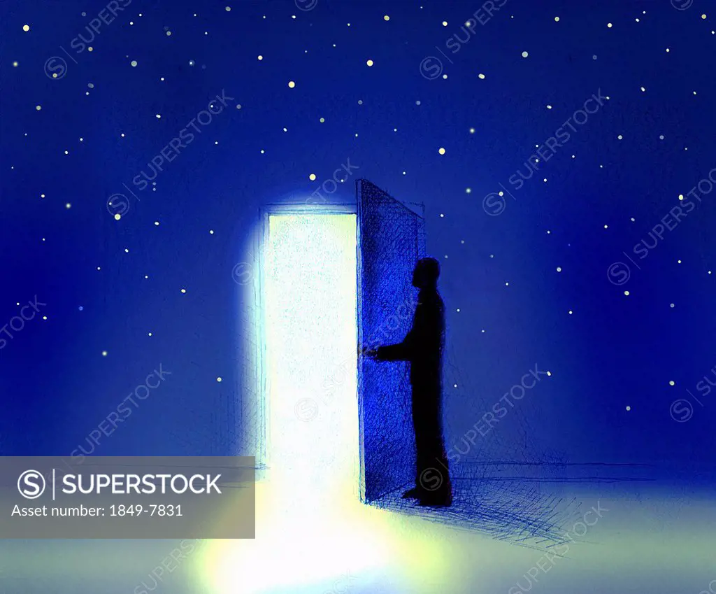 Man opening door in night sky to reveal light