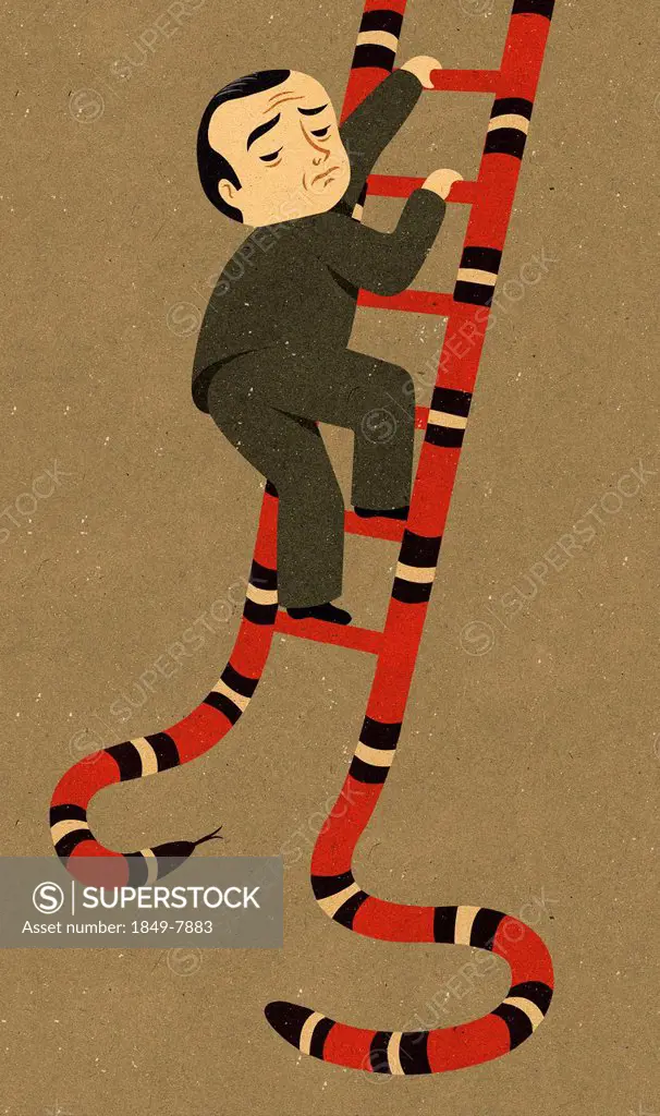 Anxious businessman climbing snake ladder