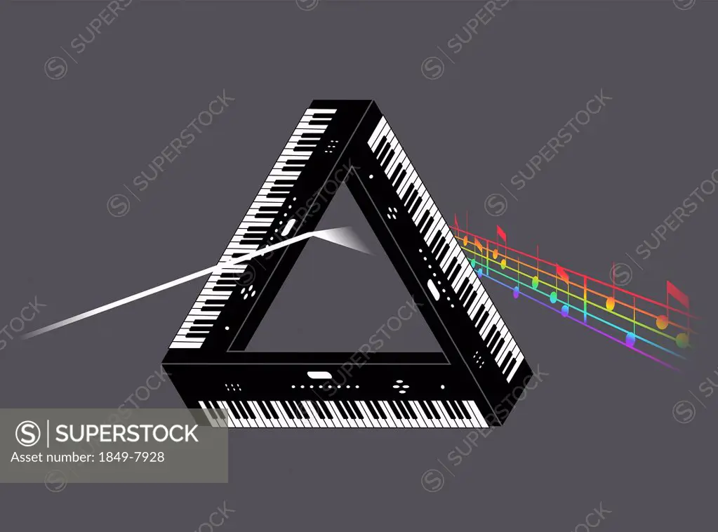 Triangle of keyboards forming prism for multicolored music notes