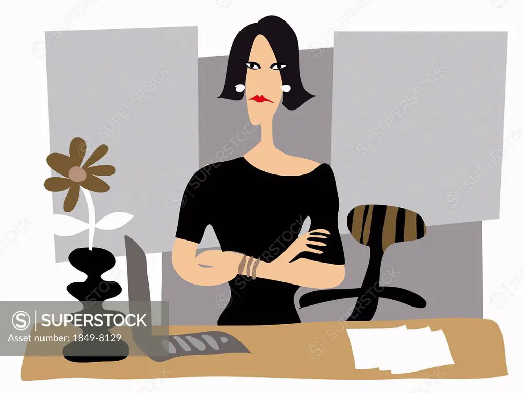 Portrait of annoyed businesswoman with arms crossed at desk