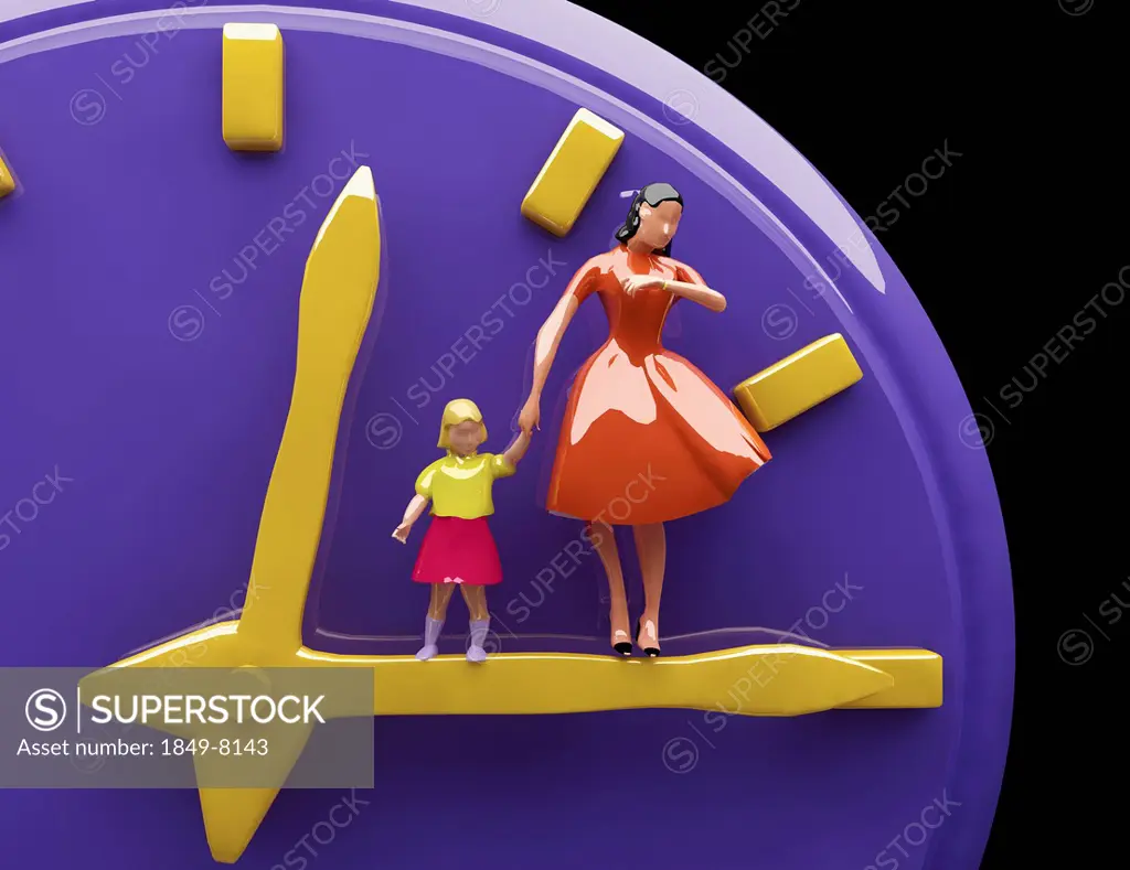 Mother and daughter standing on clock hands checking time