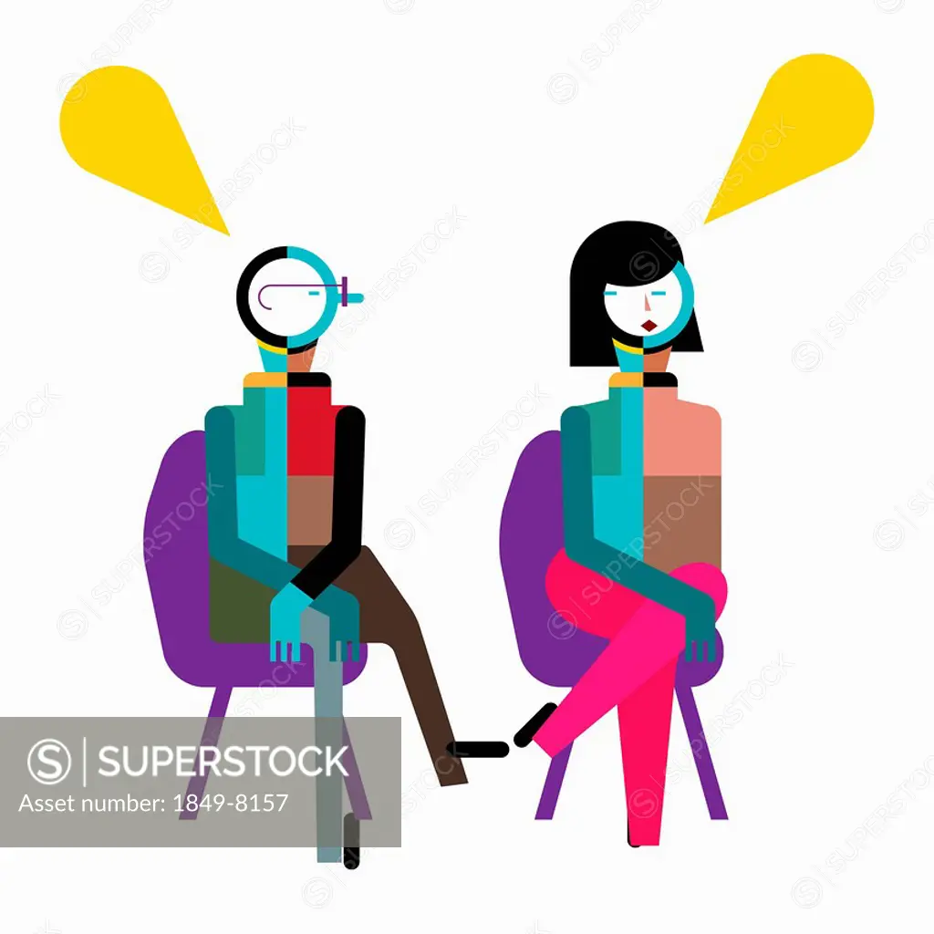Speech bubbles above man and woman playing footsie