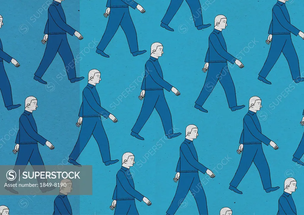 Pattern of similar men walking in rows