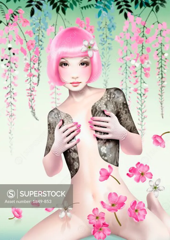 Partly nude Asian girl strategically covered by flowers