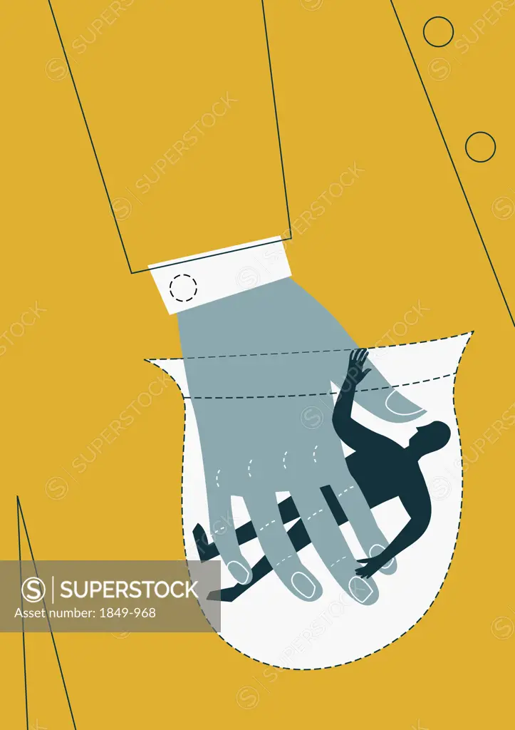 Large hand holding small man in pocket