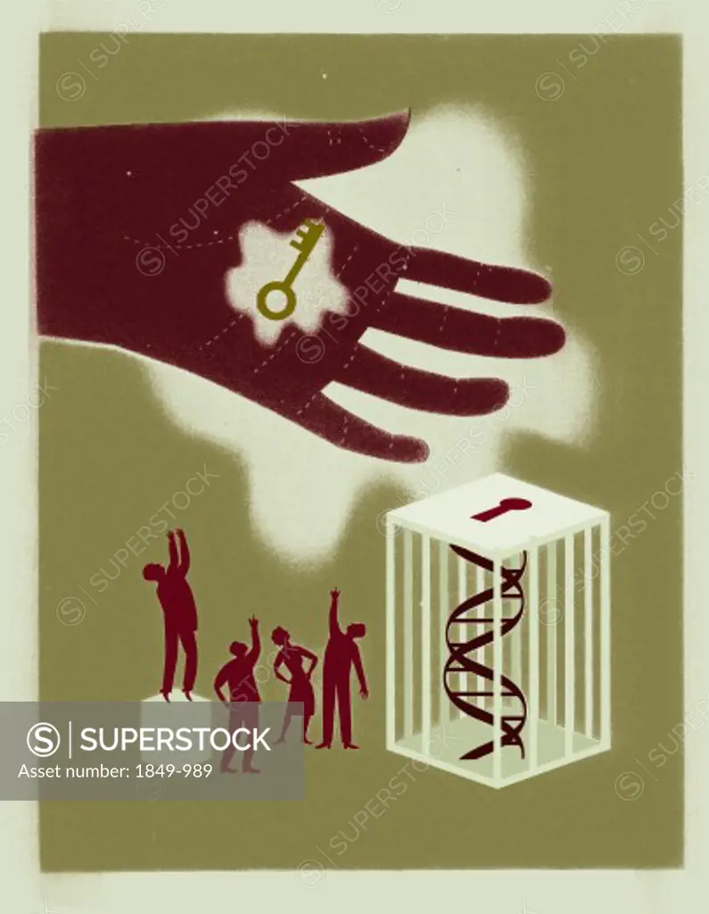 Large hand holding key to DNA locked in box