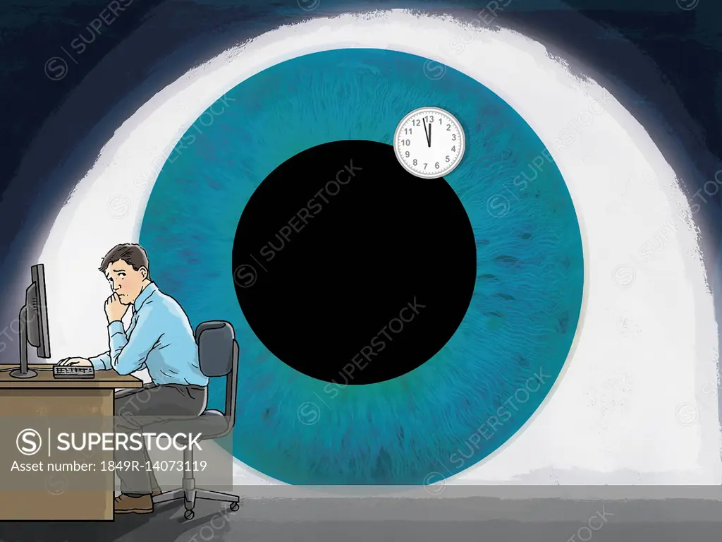 Large eye surveilling man at desk