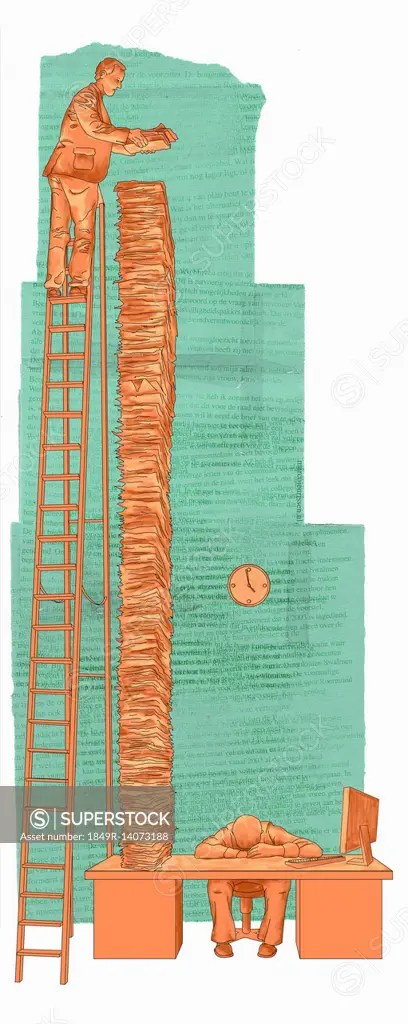Man on ladder stacking large pile of papers on desk