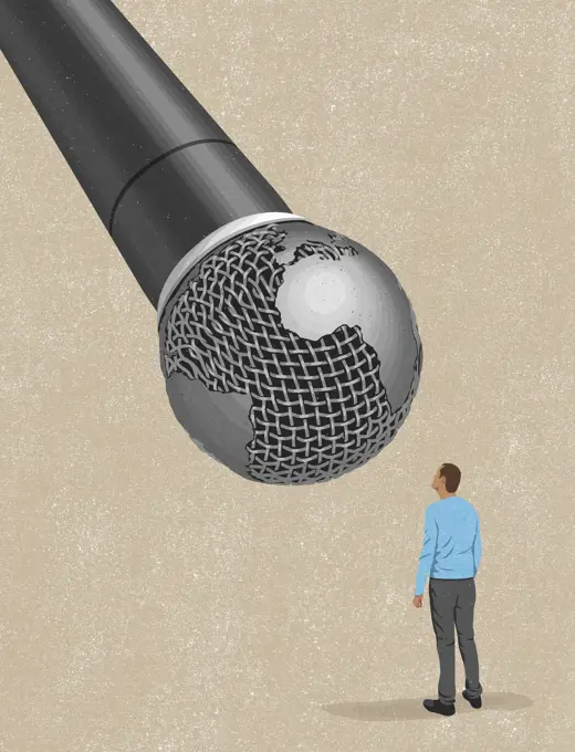 Man using large global microphone
