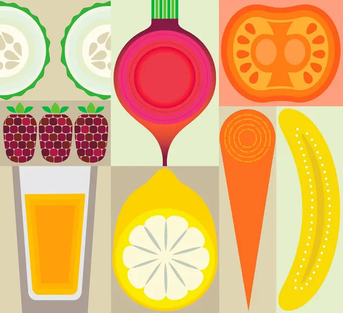 Montage of healthy fruit, juice and vegetables