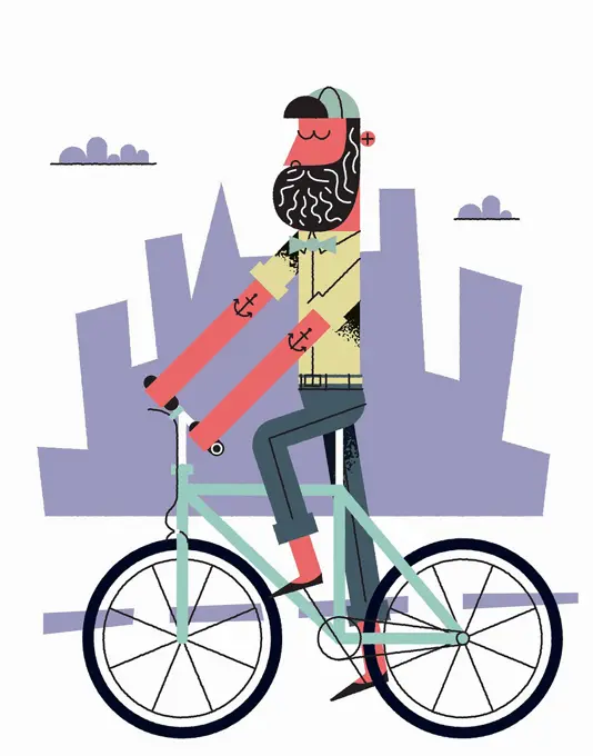 Hipster with beard riding bike in city