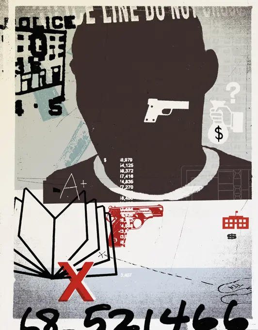 Man with gun, book and numbers