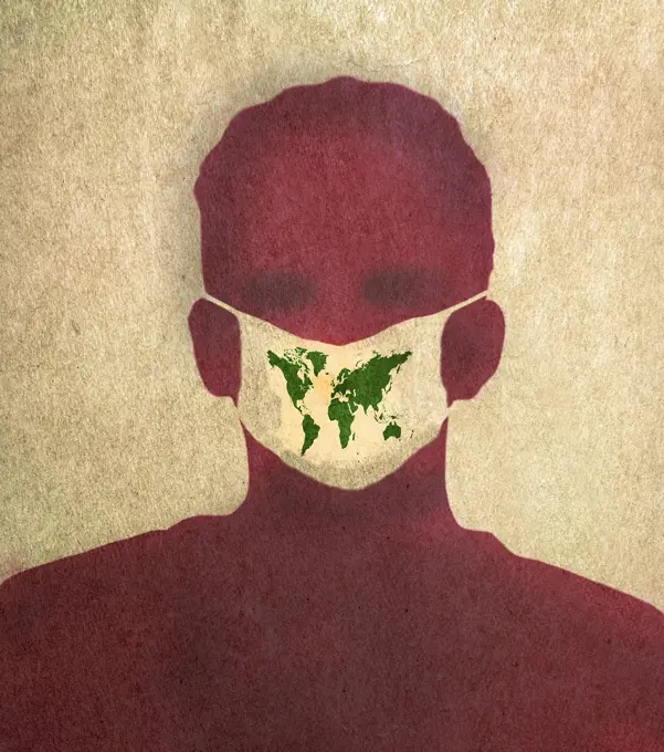 Man wearing world map on mask