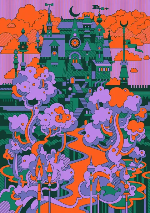 Spooky castle in fantasy landscape
