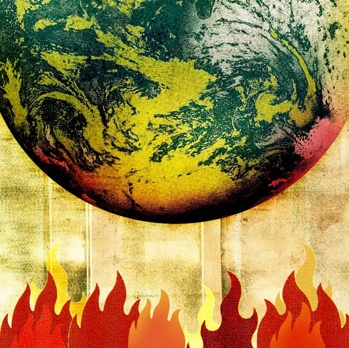 Planet earth, flames and global warming