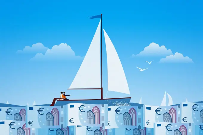 Couple sailing on calm euro note sea