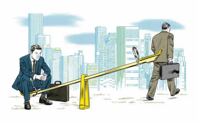 Businessman leaving colleague alone on seesaw
