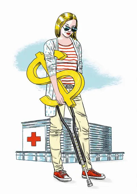 Hospital patient with dollar sign crutch