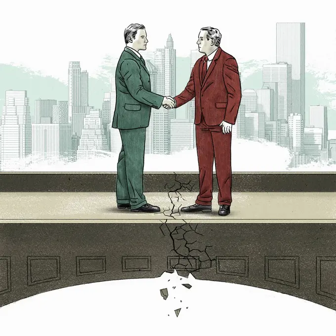 City businessmen shaking hands on crumbling bridge