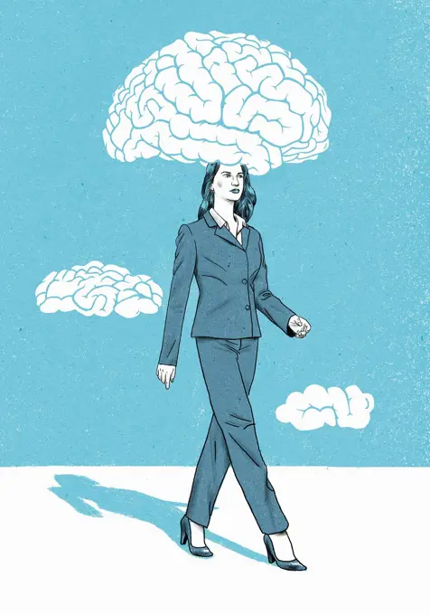 Businesswoman with head in brain cloud