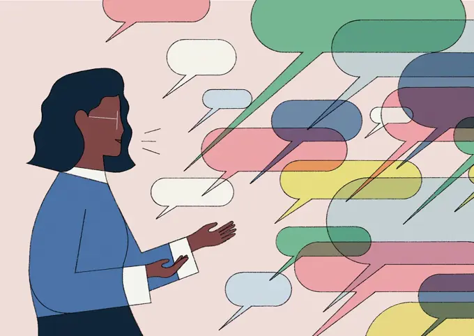 Woman communicating with lots of speech bubbles