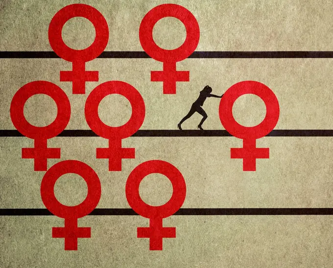 Woman pushing female gender symbol on abacus