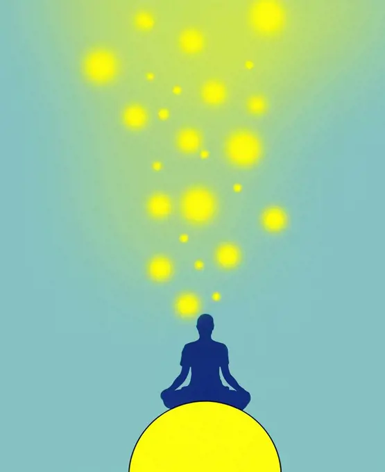 Bright lights above man meditating