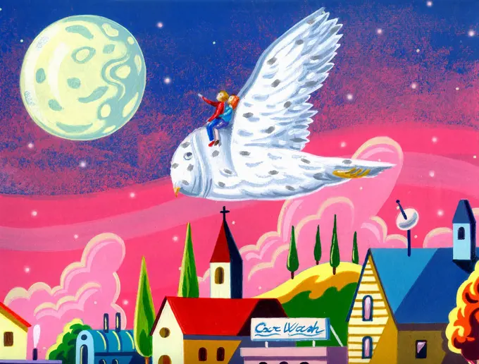 Children riding on owl looking at moon