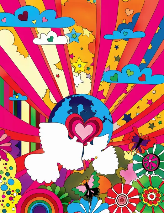 Multicolored pattern with globe, heart shapes and doves
