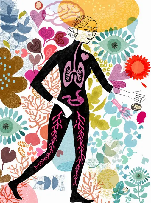 Woman with visible internal organs surrounded by flowers