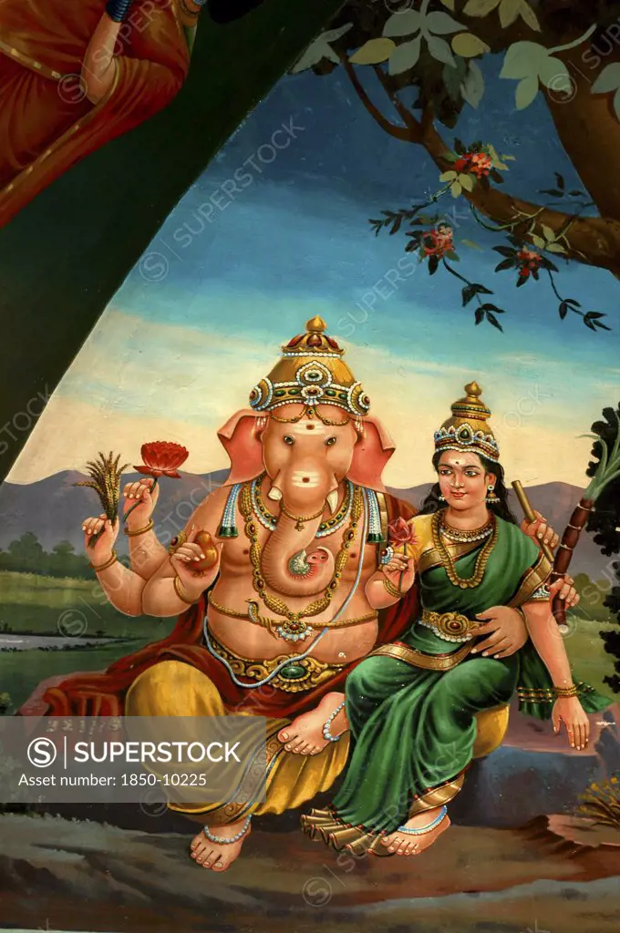 Singapore, , Colourful Mural In An Indian Hindu Temple Depicting The God Ganesh