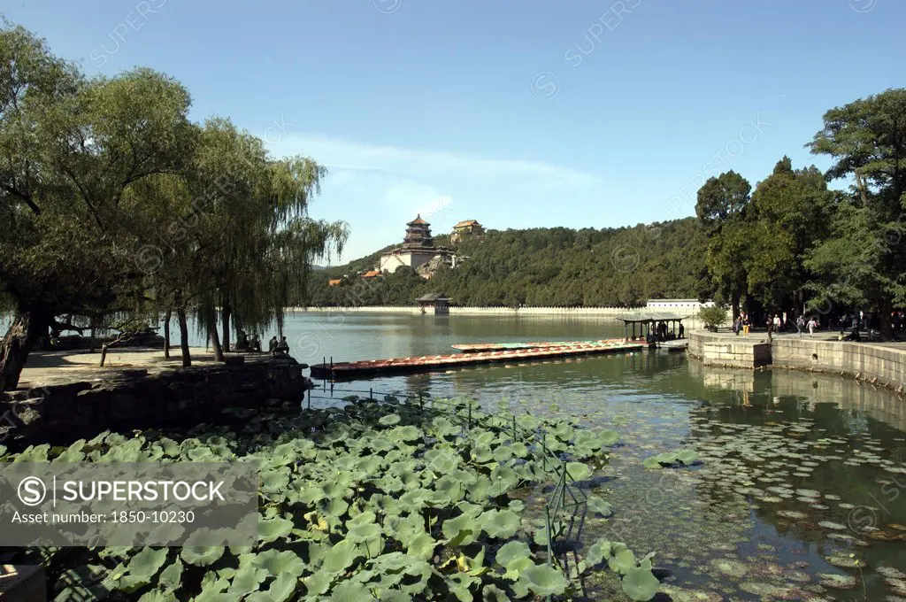 China, Beijing, Summer Palace, View Over Water Toward The Complex Buildings Visible Through Trees
