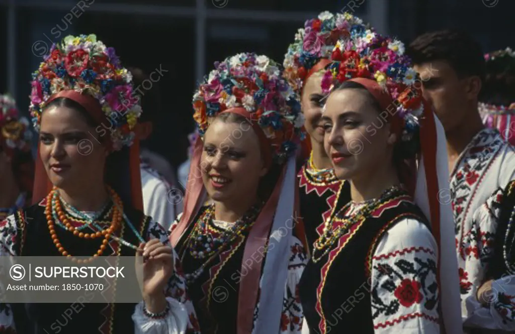 Russia, Festivals, Ukranian Folk Dancers Wearing Floral Head Dresses