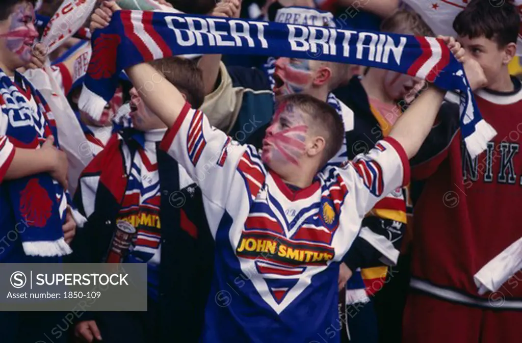 Sport, Supporters, Rugby League, Teenage Fans Holding Great Britain Scarfs During The Great Britain V Australia Game At Wembley Stadium.