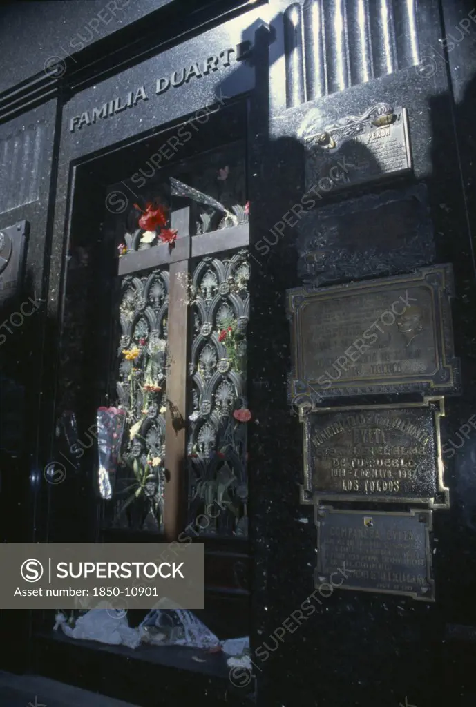 Argentina, Buenos Aires, Cemetery Of The Recoleta.  Eva Perons Tomb In The Duarte Family Mausoleum Decorated With Flowers.