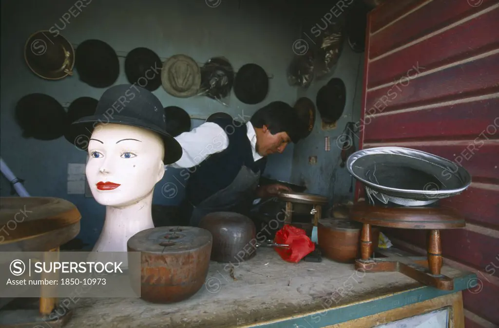 Bolivia, La Paz, El Alto, Hat Maker In La Ceja Making Traditional Brown And Grey Bowler Hats Known Locally As A Bombin.