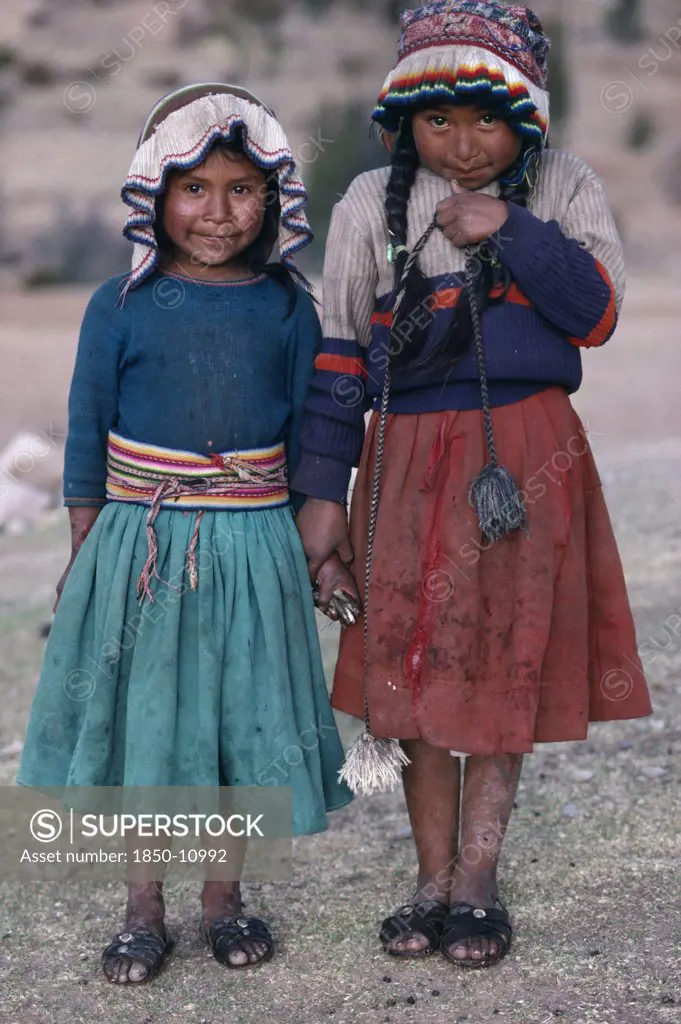 Peru, Lake Titicaca, Two Young Girls From Amantani Island.