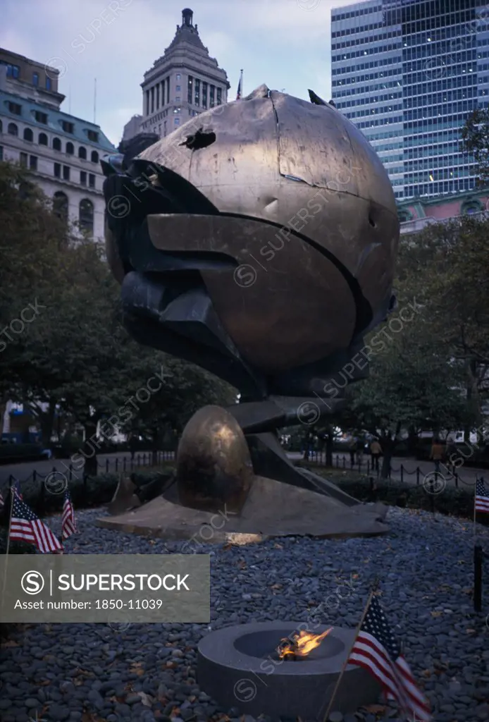 Usa, New York, Manhattan, Fritz Koenig Sphere Sculpture Formerly Sited At The World Trade Center Now Ground Zero Monument In Battery Park