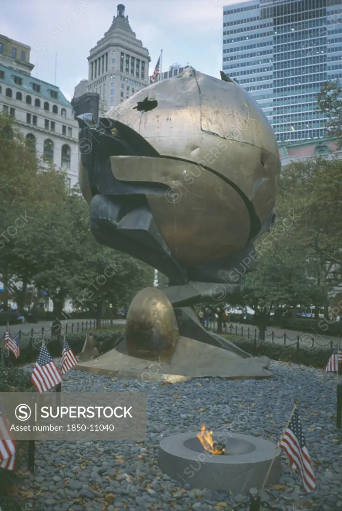 Usa, New York, Manhattan, Fritz Koenig Sphere Sculpture Formerly Sited At The World Trade Center Now Ground Zero Monument In Battery Park