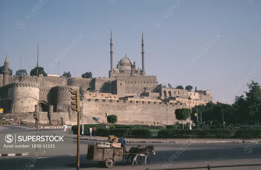 Egypt, Cairo, The Citadel And Mohammed Ali Mosque. Man With A Donkey And Cart In The Foreground.