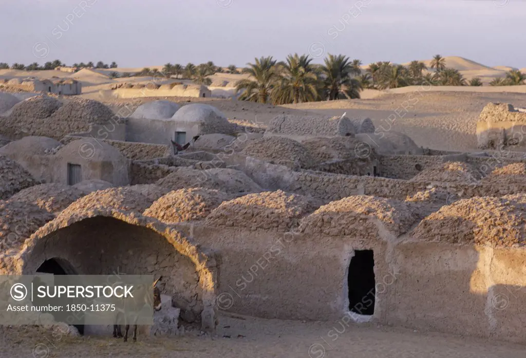 Algeria, Sahara, Traditional Mud Architecture With Donkey In Foreground.