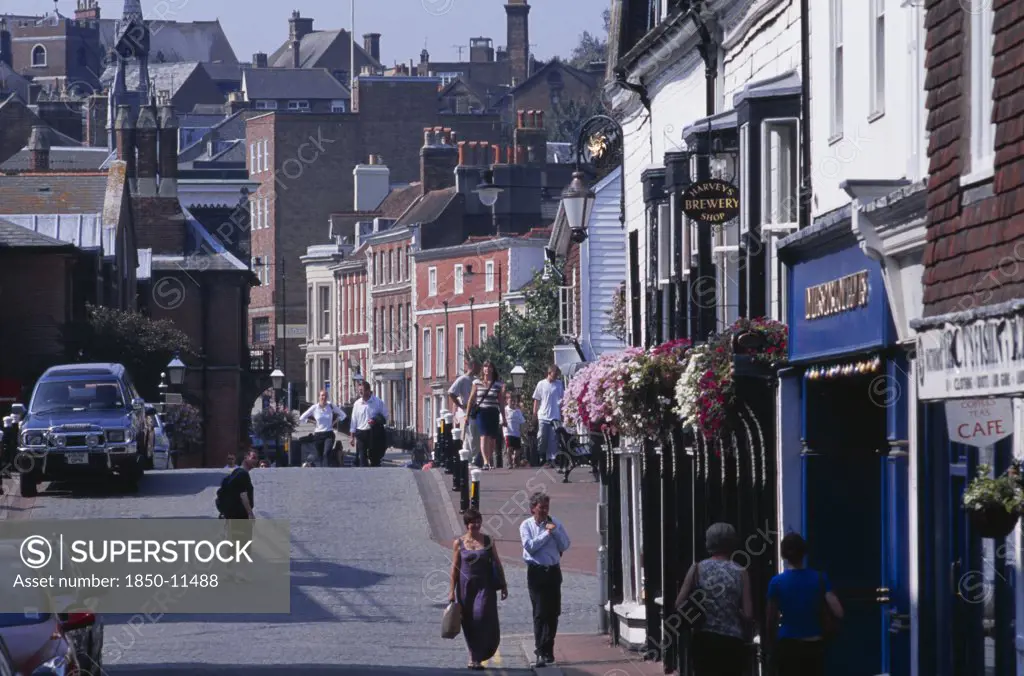 England, East Sussex, Lewes, Lewes Town Centre With View Down Pedestrian Shopping Area.