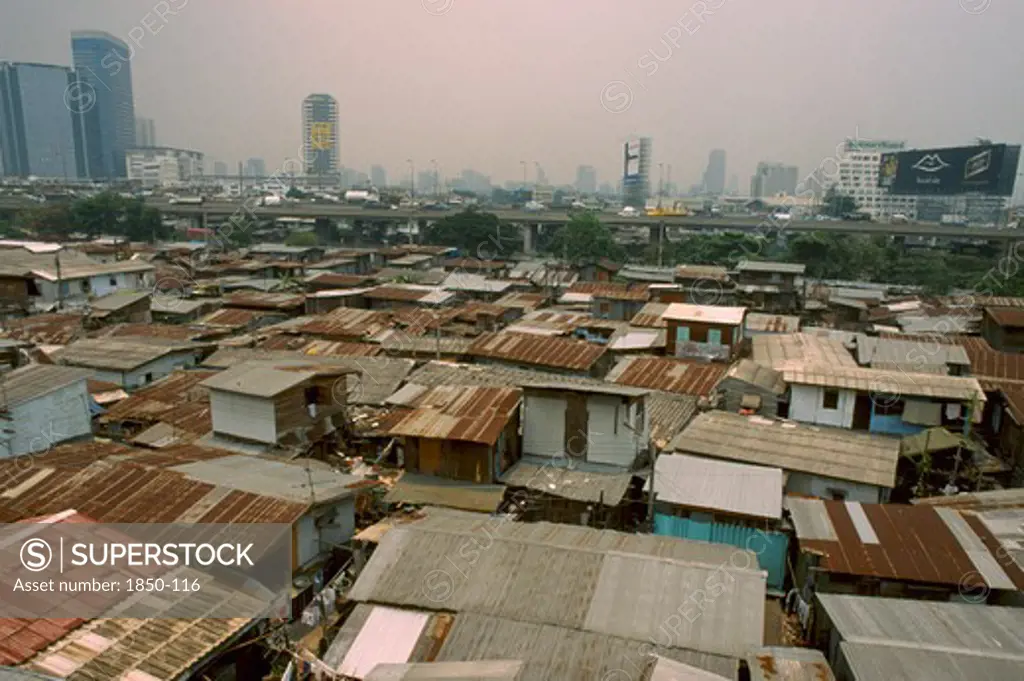 Thailand, Bangkok, View Over The Roof Tops Of Klong Toey Slum Housing Area