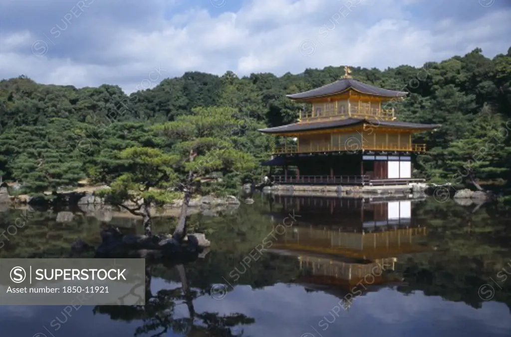 Japan, Honshu, Kyoto, Kinkaku Ji Temple Aka The Golden Pavilion Seen Over Pond