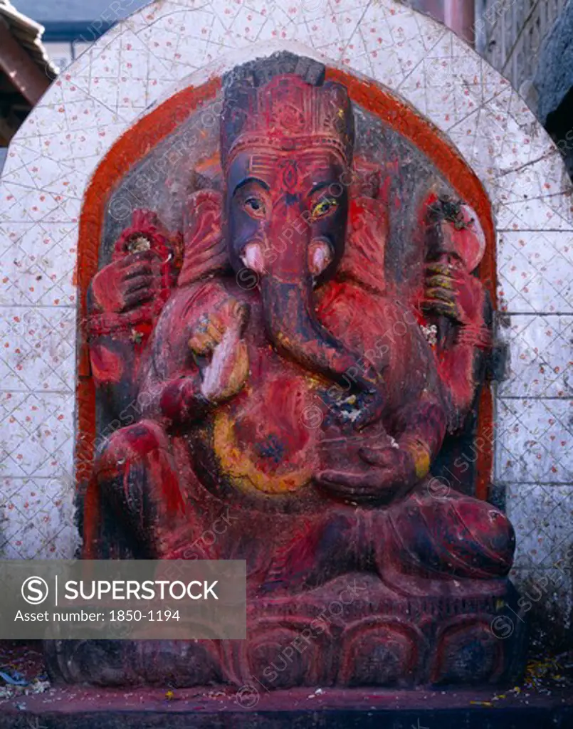 Nepal, Kathmandu , Temple Carving Depicting The Elephant Headed God Ganesh.