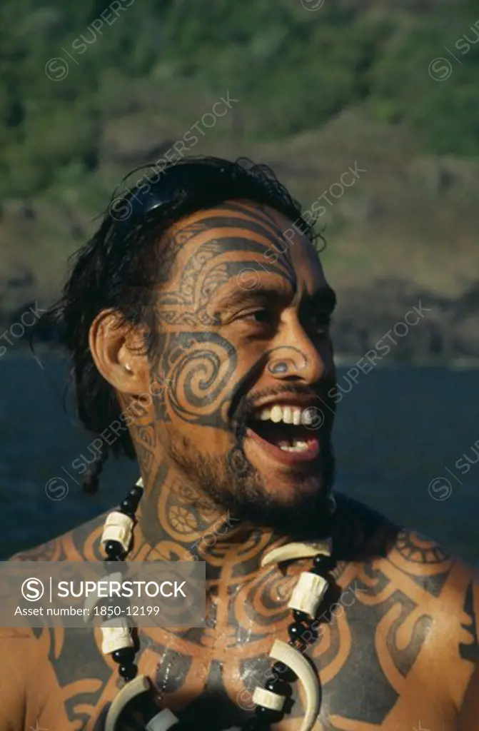 Pacific Islands, Polynesia, French Polynesia, Marquesas.  Ua Huka.  Portrait Of Tattooed Islander.