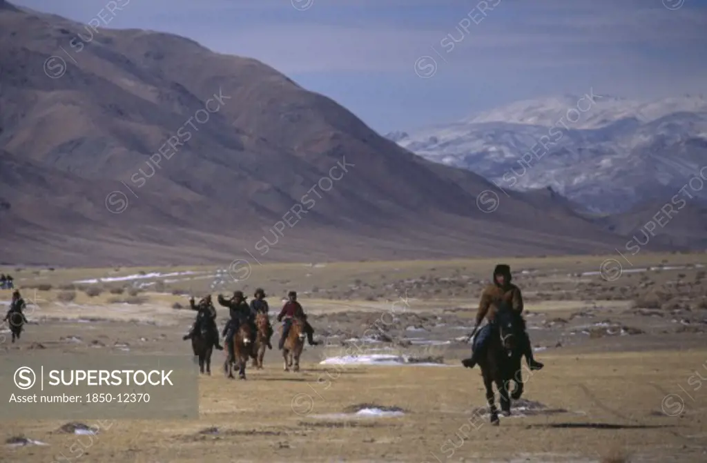 Mongolia, Bayan Olgii, Nomads, Kazakh Nomads Gathering For New Year Horse Race.