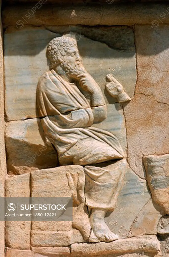 Libya, Tripolitania, Sabratha, Bas Relief Carving Of Mythological Figure On White Marble Pulpitum Of Theatre
