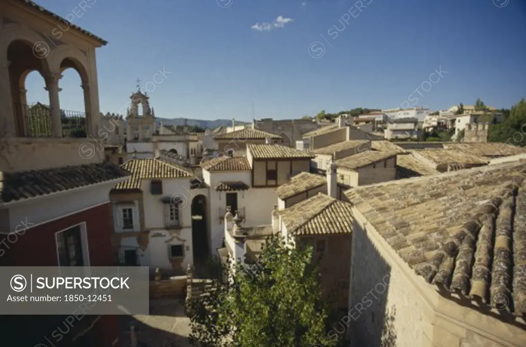 Spain, Balearic Islands, Majorca, Palma.  Tiled Rooftops Of Old Spanish Town.